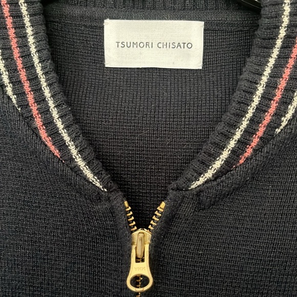Tsumori Chisato zip front sweater with collegiate style trim. navy. extra small - Picture 2 of 5